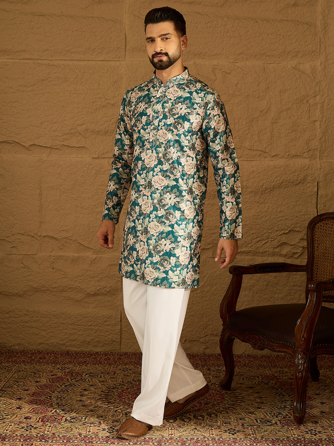Ethnic Bay Men Teal Silk Blend Floral Printed Straight Kurta-MKU1614
