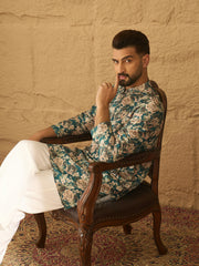 Ethnic Bay Men Teal Silk Blend Floral Printed Straight Kurta-MKU1614