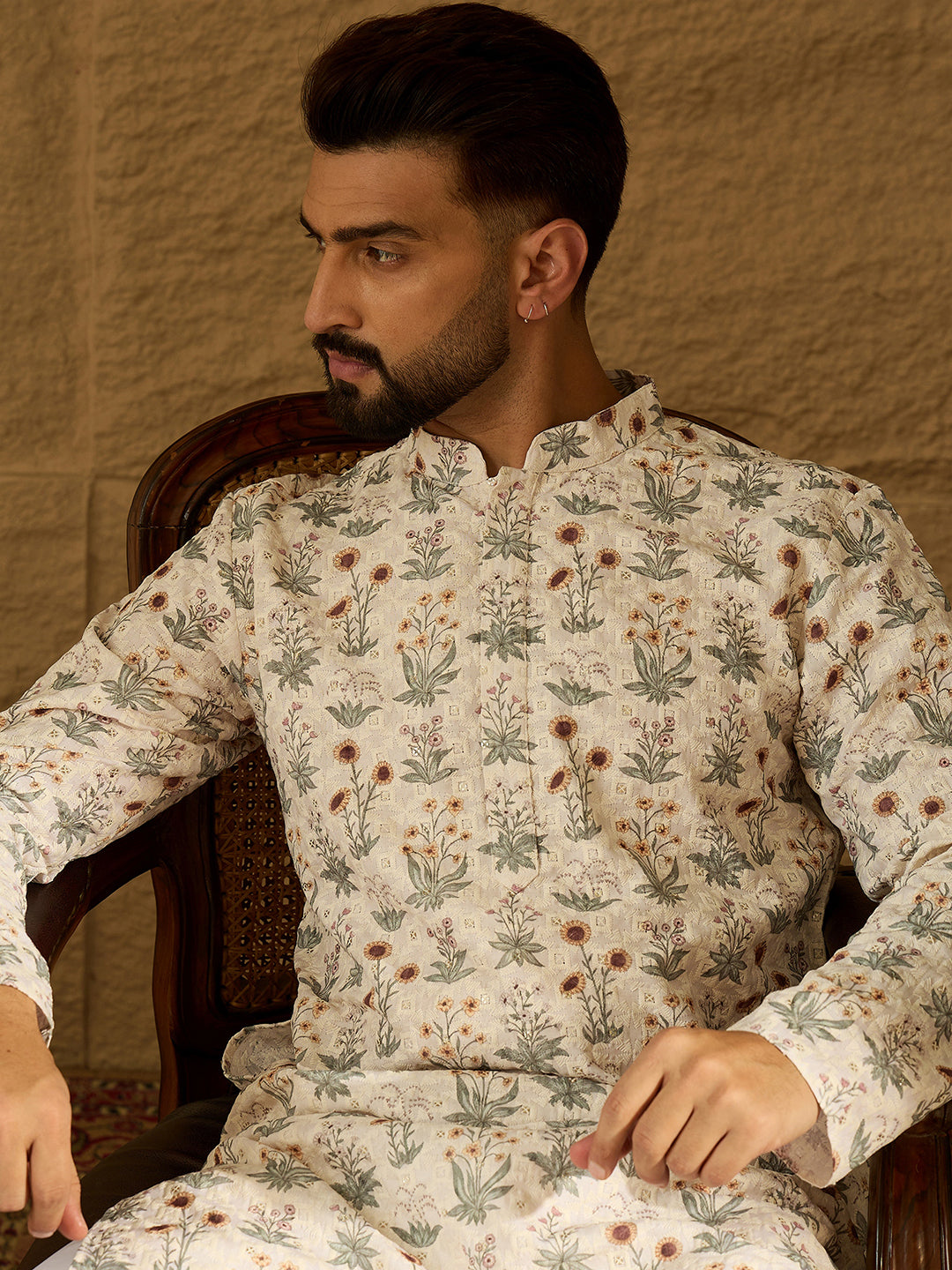 Ethnic Bay Men Off White Viscose Rayon Floral Printed Straight Kurta-MKU1615