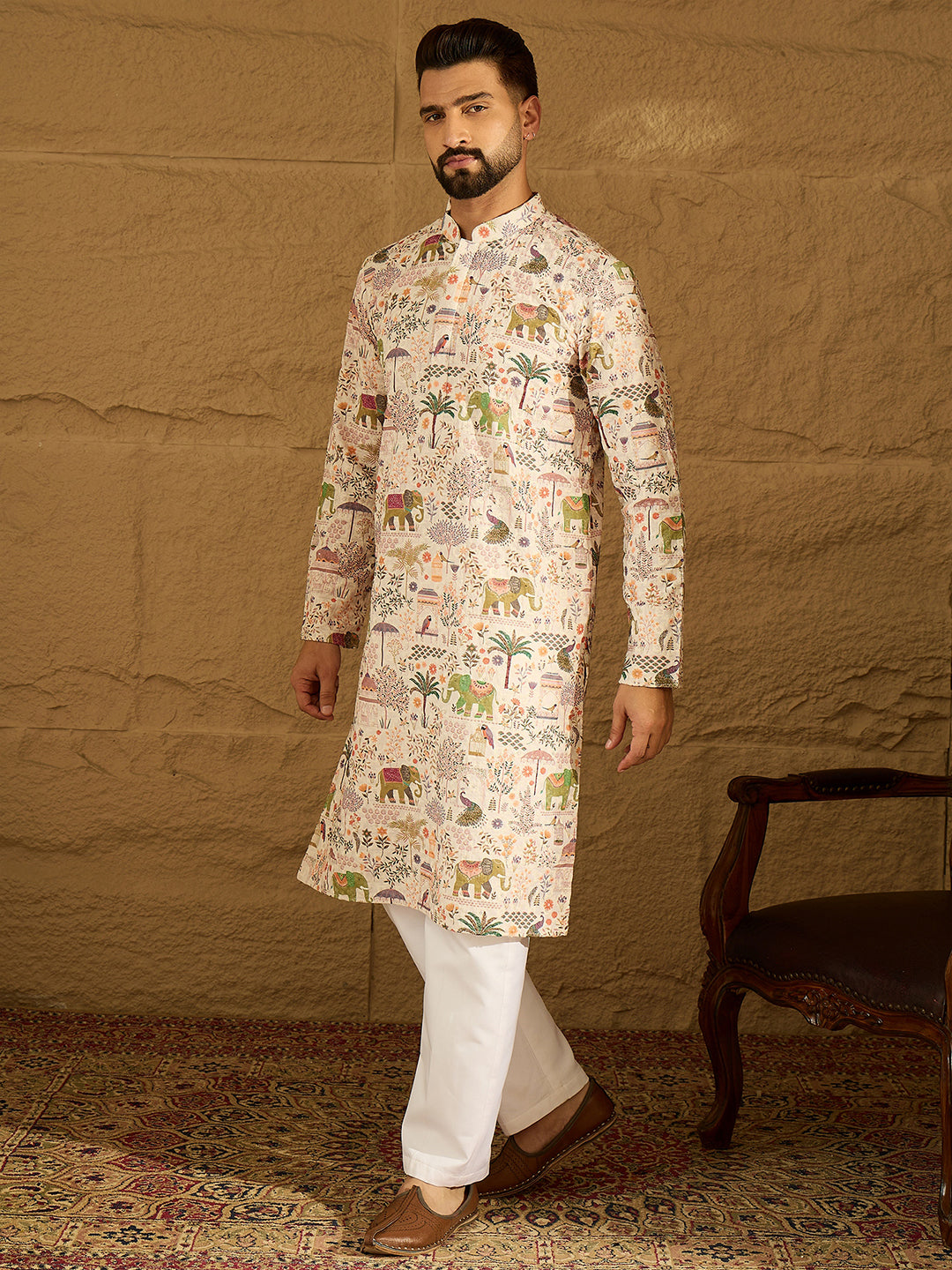 Ethnic Bay Men Cream Viscose Rayon Ethnic Motifs Printed Straight Kurta-MKU1616