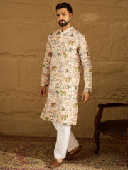 Ethnic Bay Men Cream Viscose Rayon Ethnic Motifs Printed Straight Kurta-MKU1616