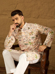 Ethnic Bay Men Cream Viscose Rayon Ethnic Motifs Printed Straight Kurta-MKU1616