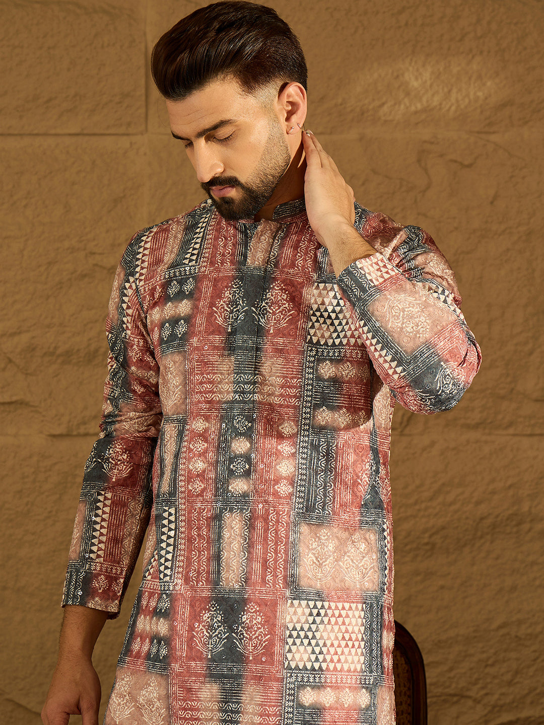 Ethnic Bay Men Brown Viscose Rayon Ethnic Motifs Printed Straight Kurta-MKU1617