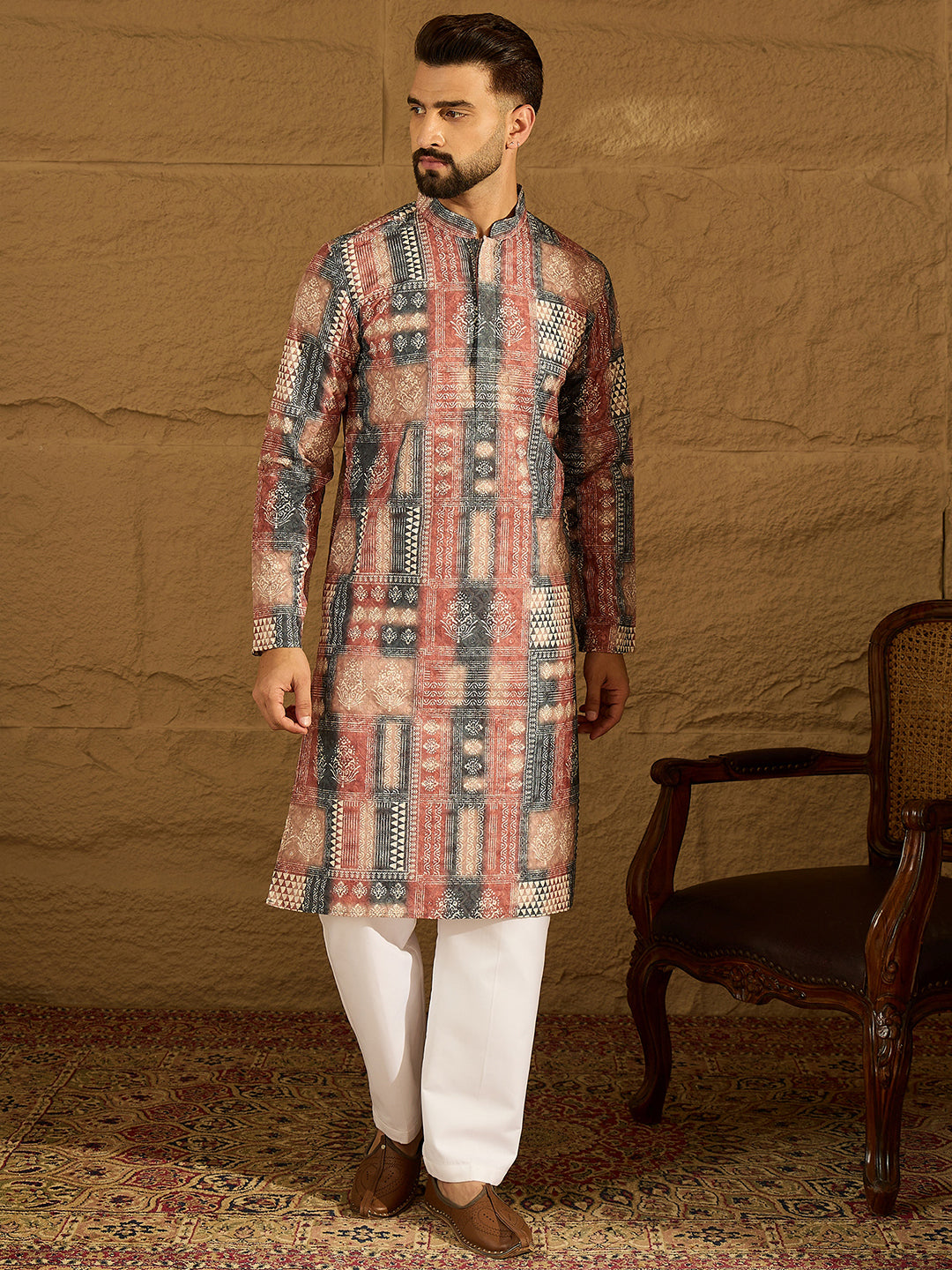 Ethnic Bay Men Brown Viscose Rayon Ethnic Motifs Printed Straight Kurta-MKU1617