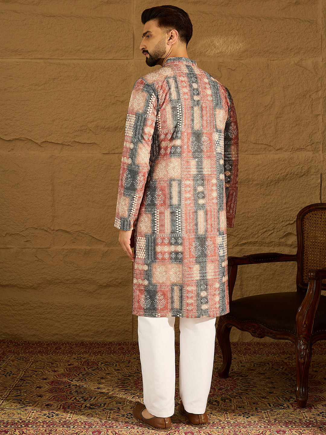 Ethnic Bay Men Brown Viscose Rayon Ethnic Motifs Printed Straight Kurta-MKU1617