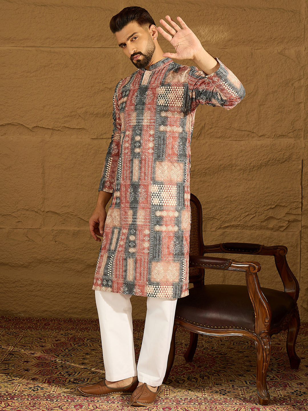 Ethnic Bay Men Brown Viscose Rayon Ethnic Motifs Printed Straight Kurta-MKU1617