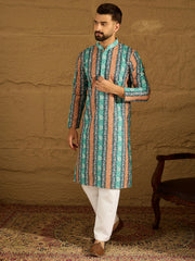 Ethnic Bay Men Blue Viscose Rayon Ethnic Motifs Printed Straight Kurta-MKU1618