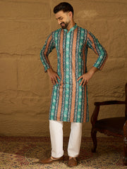 Ethnic Bay Men Blue Viscose Rayon Ethnic Motifs Printed Straight Kurta-MKU1618