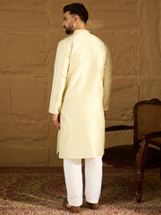 Ethnic Bay Men Yellow Silk Blend Solid Printed Straight Kurta-MKU1651