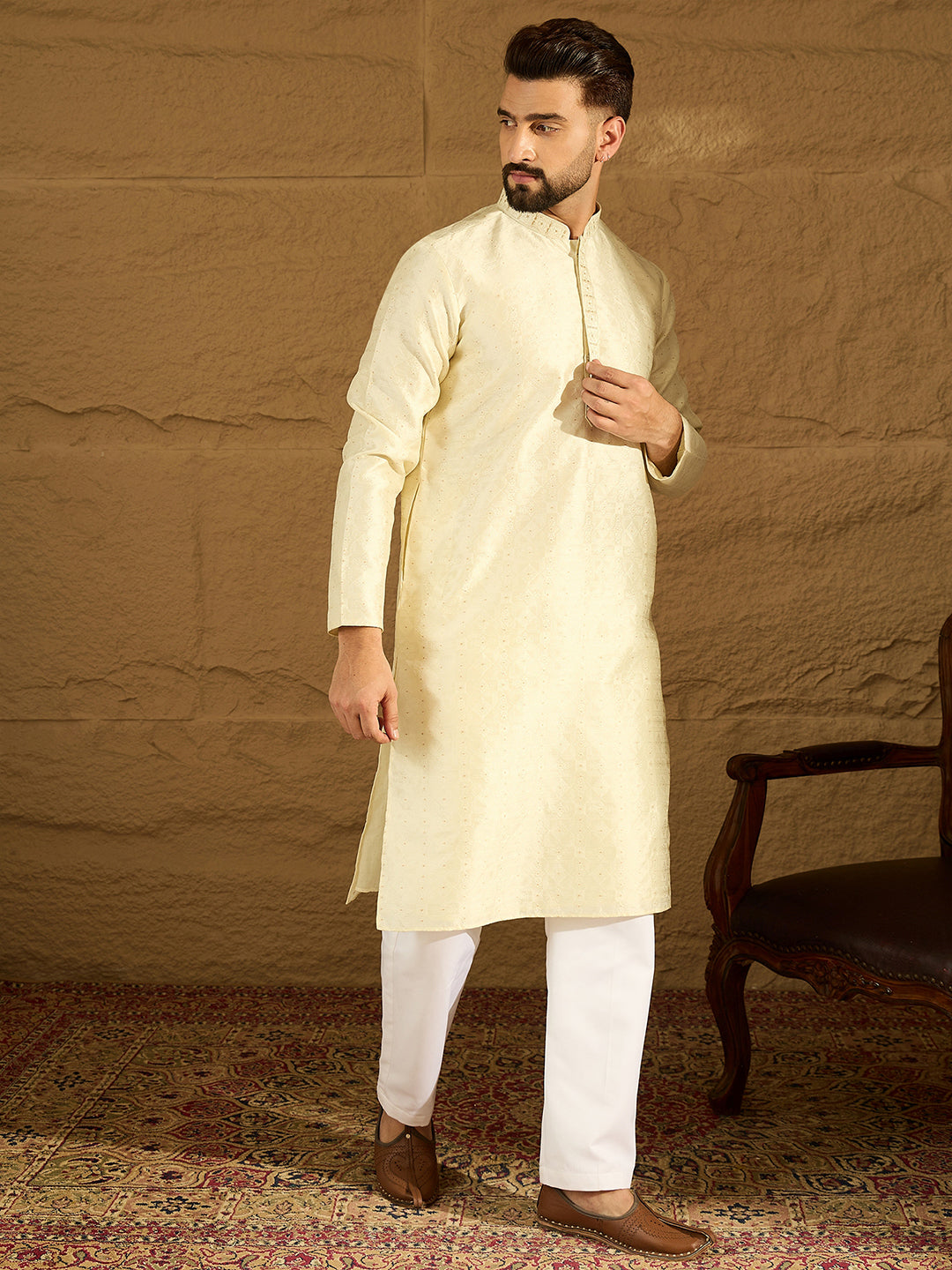 Ethnic Bay Men Yellow Silk Blend Solid Printed Straight Kurta-MKU1651
