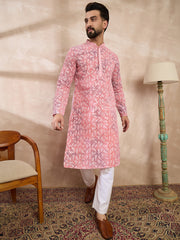 Ethnic Bay Men Pink Viscose Rayon Ethnic Motifs Embroidered Straight Kurta-MKU1654