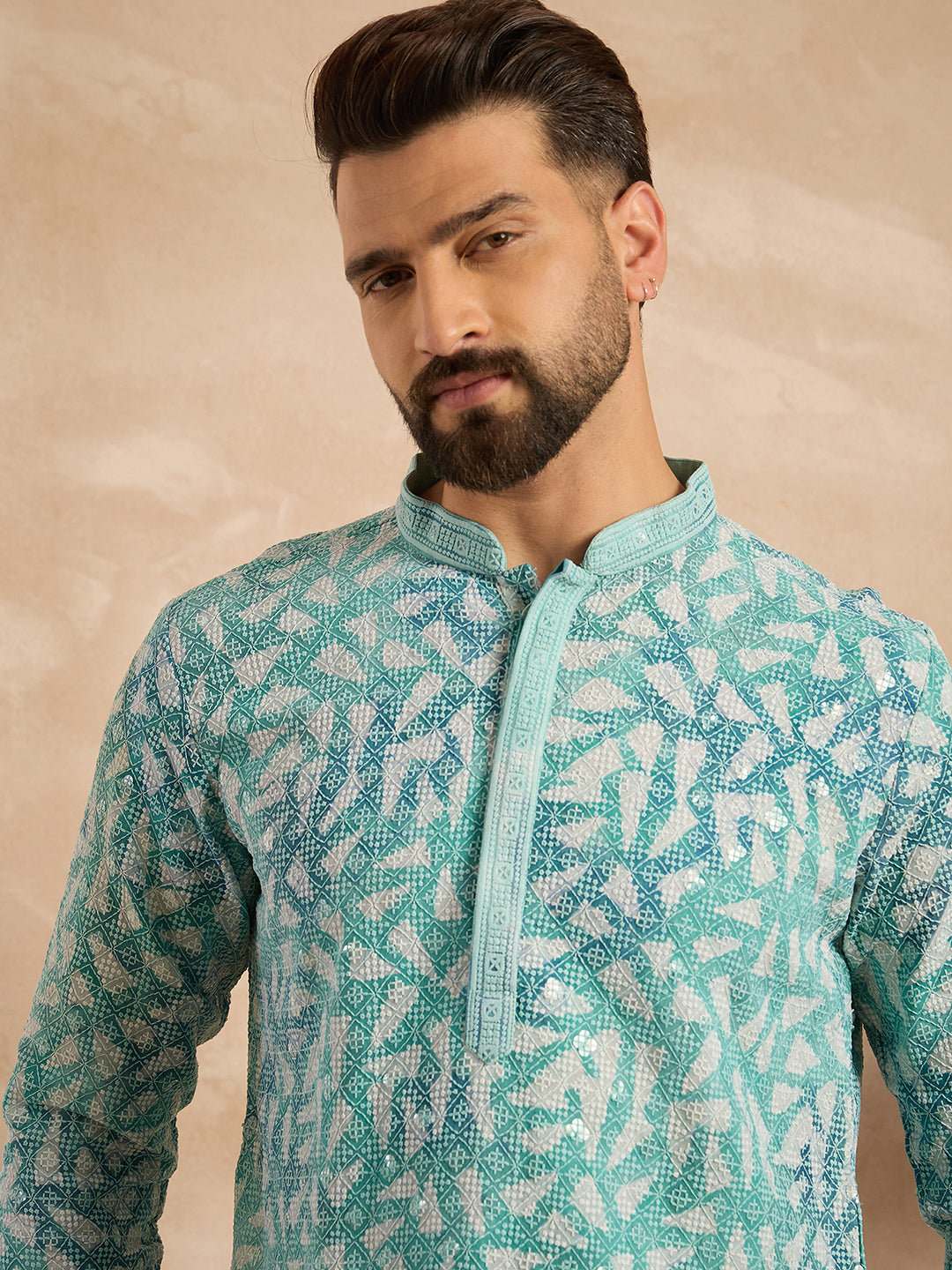 Ethnic Bay Men Teal Viscose Rayon Solid Printed Straight Kurta-MKU1655