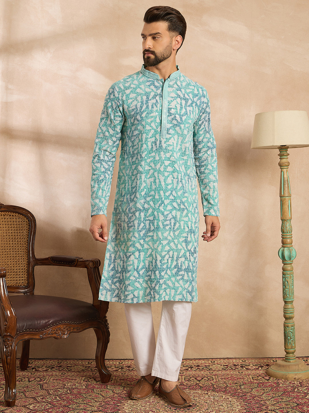 Ethnic Bay Men Teal Viscose Rayon Solid Printed Straight Kurta