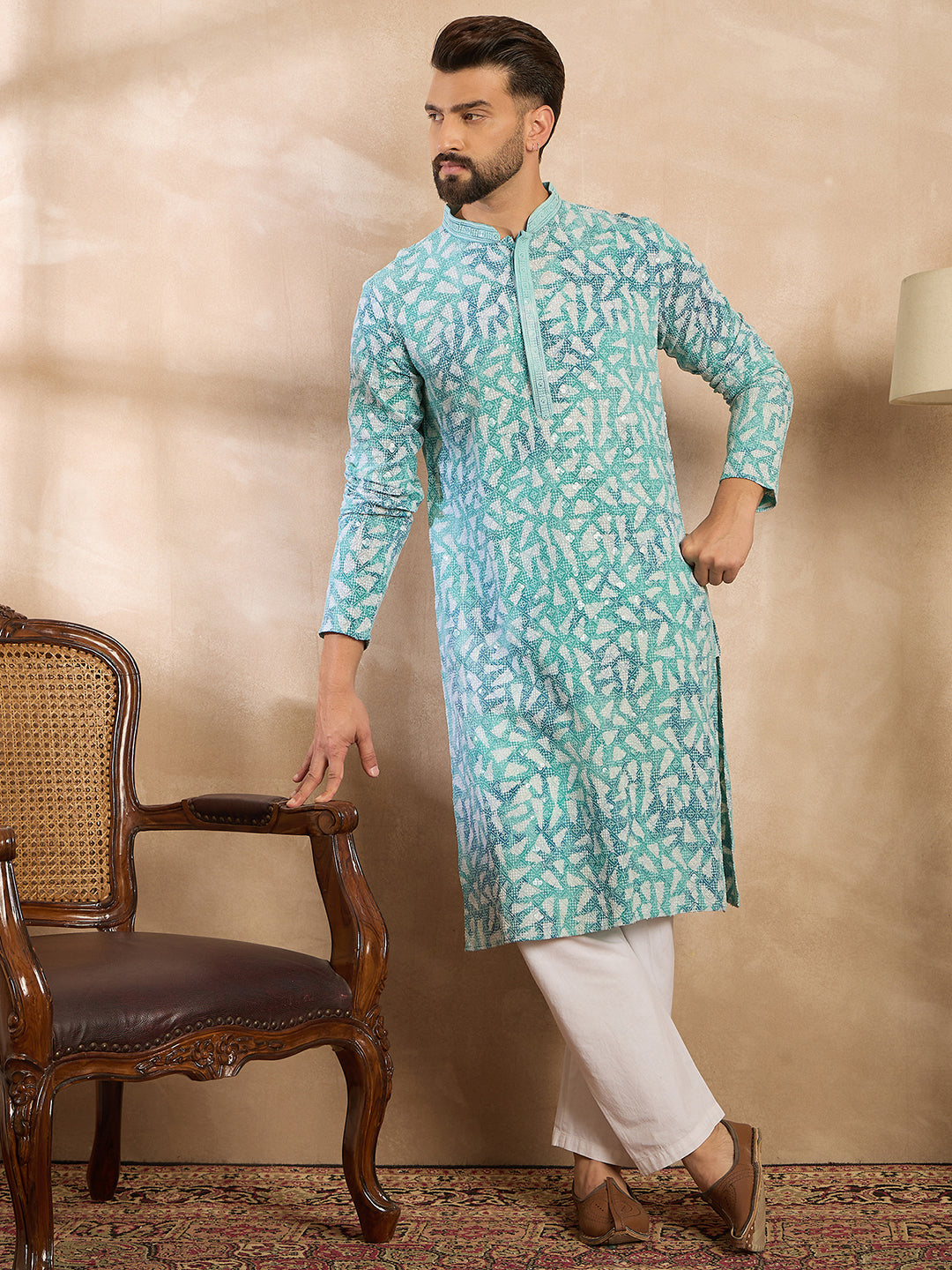 Ethnic Bay Men Teal Viscose Rayon Solid Printed Straight Kurta