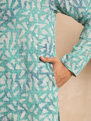 Ethnic Bay Men Teal Viscose Rayon Solid Printed Straight Kurta-MKU1655
