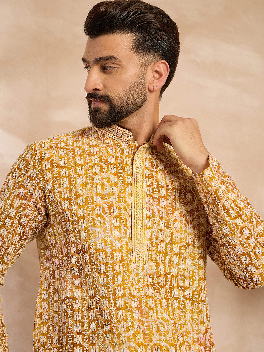 Ethnic Bay Men Yellow Viscose Rayon Batik Embroidered Straight Kurta