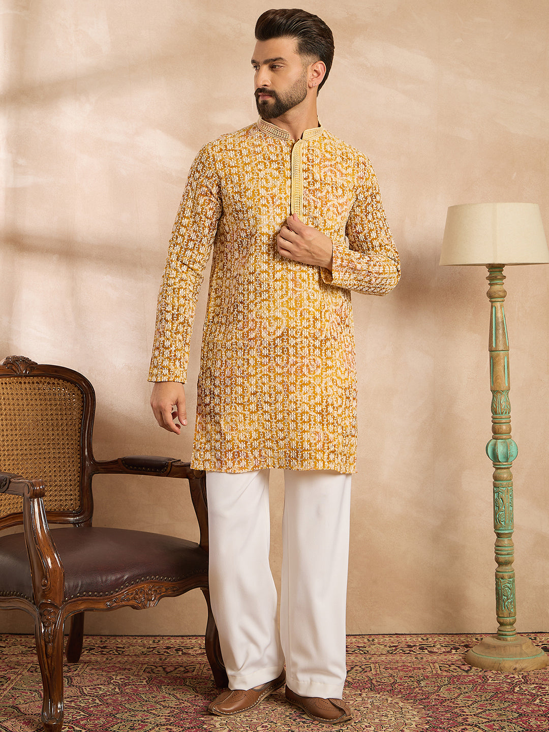 Ethnic Bay Men Yellow Viscose Rayon Batik Embroidered Straight Kurta