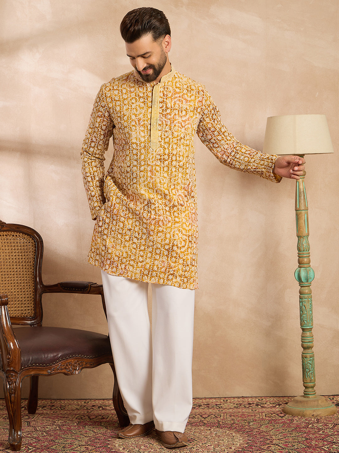 Ethnic Bay Men Yellow Viscose Rayon Batik Embroidered Straight Kurta