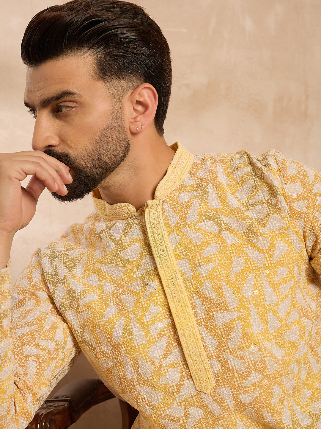 Ethnic Bay Men Yellow Viscose Rayon Solid Printed Straight Kurta