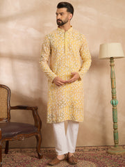 Ethnic Bay Men Yellow Viscose Rayon Solid Printed Straight Kurta-MKU1657