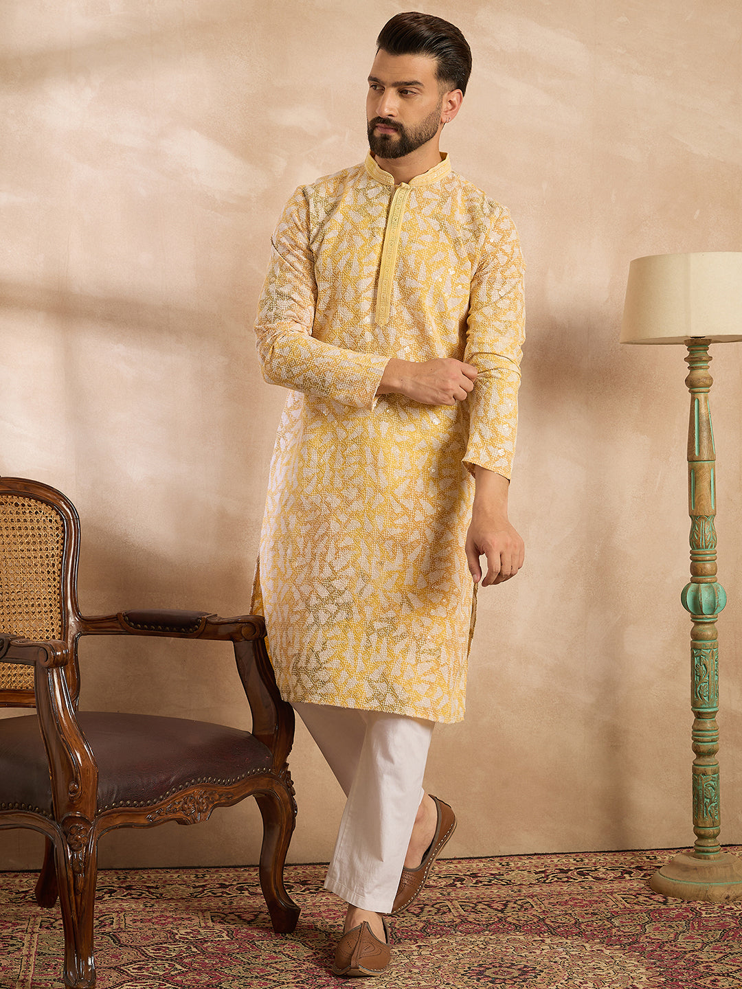 Ethnic Bay Men Yellow Viscose Rayon Solid Printed Straight Kurta