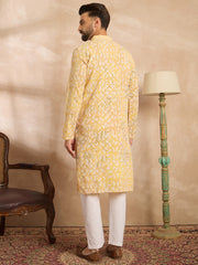 Ethnic Bay Men Yellow Viscose Rayon Solid Printed Straight Kurta-MKU1657