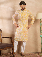 Ethnic Bay Men Yellow Viscose Rayon Solid Printed Straight Kurta-MKU1657