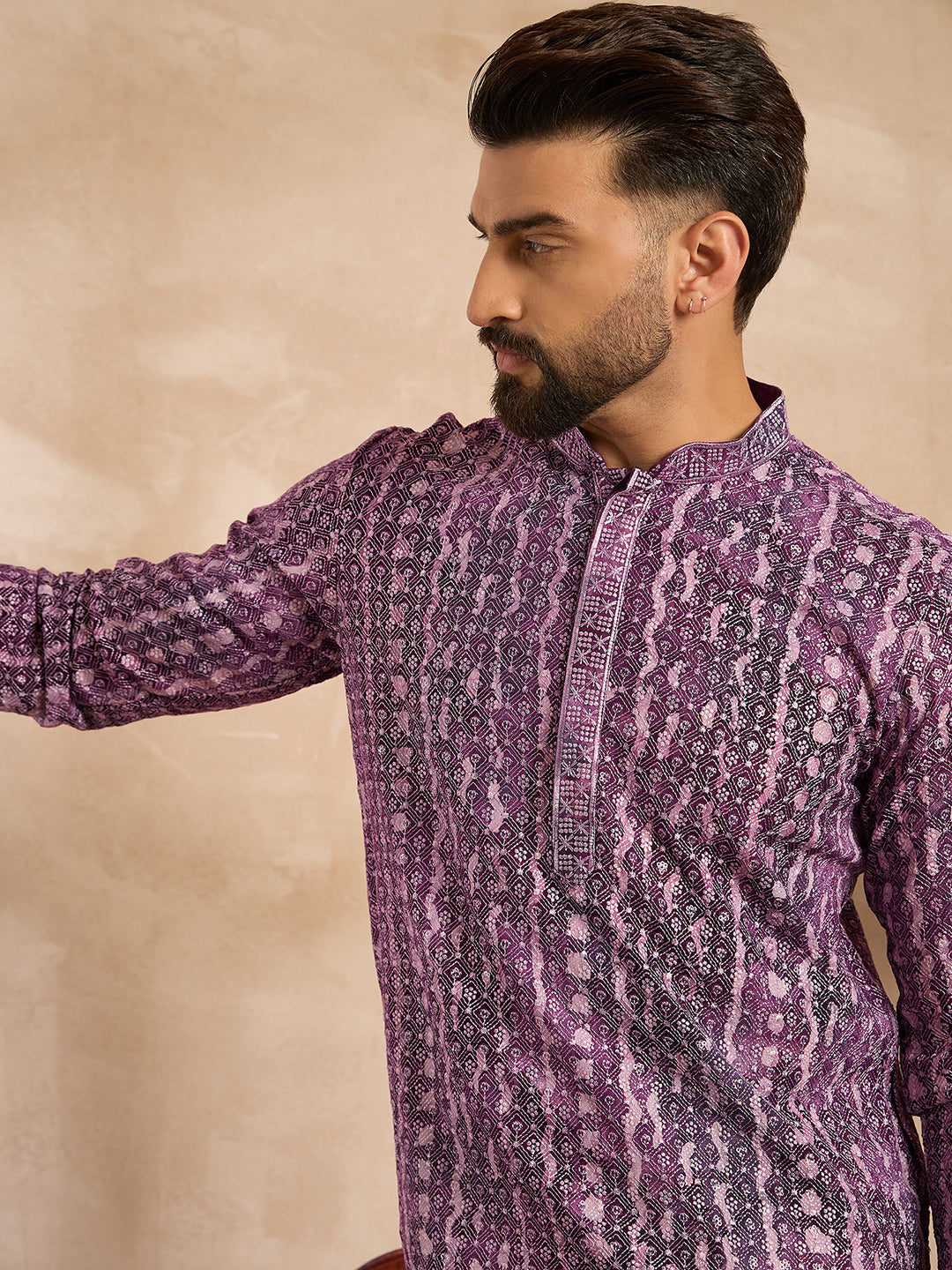 Ethnic Bay Men Purple Viscose Rayon Solid Printed Straight Kurta-MKU1658