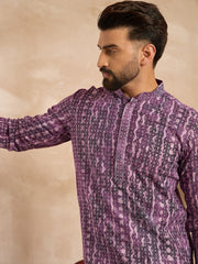 Ethnic Bay Men Purple Viscose Rayon Solid Printed Straight Kurta-MKU1658