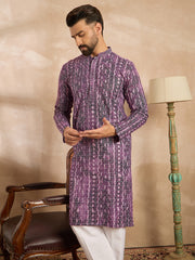 Ethnic Bay Men Purple Viscose Rayon Solid Printed Straight Kurta-MKU1658