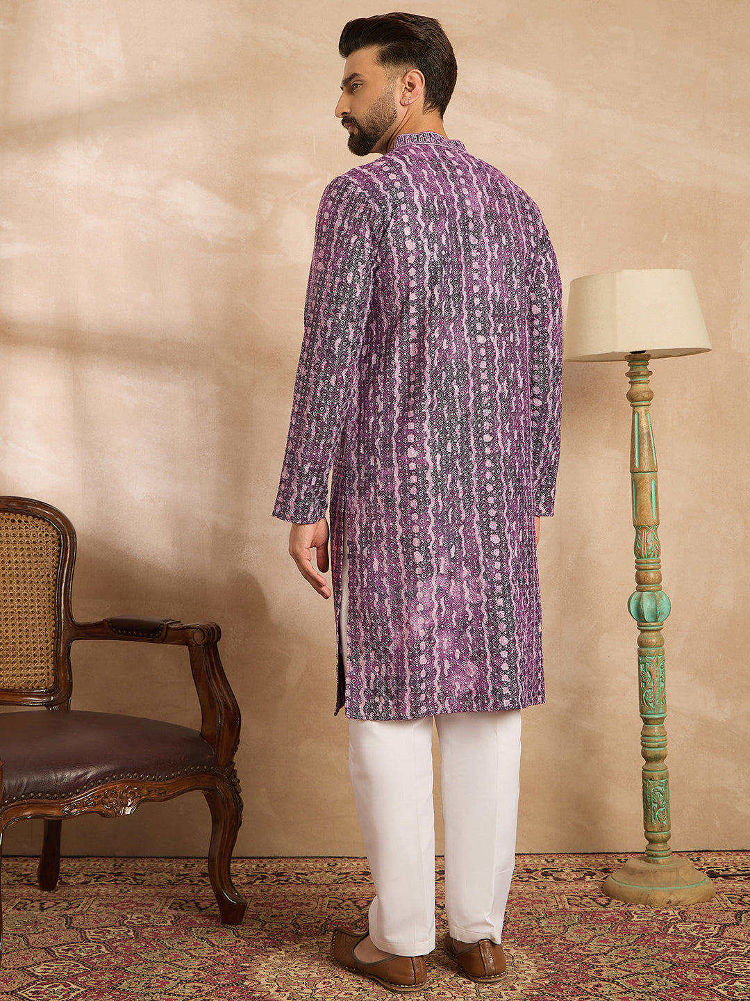 Ethnic Bay Men Purple Viscose Rayon Solid Printed Straight Kurta