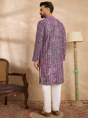 Ethnic Bay Men Purple Viscose Rayon Solid Printed Straight Kurta-MKU1658