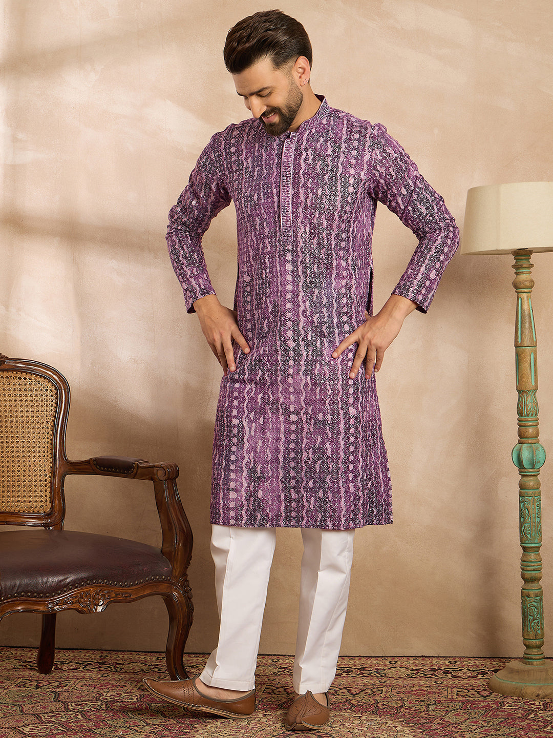 Ethnic Bay Men Purple Viscose Rayon Solid Printed Straight Kurta