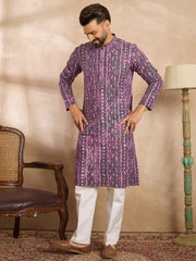 Ethnic Bay Men Purple Viscose Rayon Solid Printed Straight Kurta-MKU1658