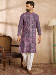 Ethnic Bay Men Purple Viscose Rayon Solid Printed Straight Kurta-MKU1658