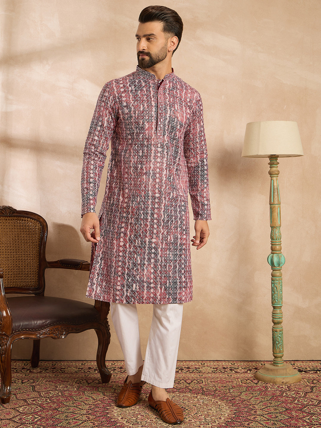 Ethnic Bay Men Brown Viscose Rayon Solid Printed Straight Kurta