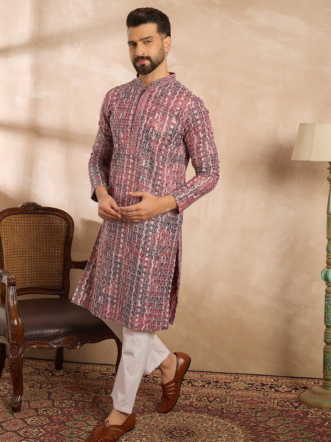 Ethnic Bay Men Brown Viscose Rayon Solid Printed Straight Kurta