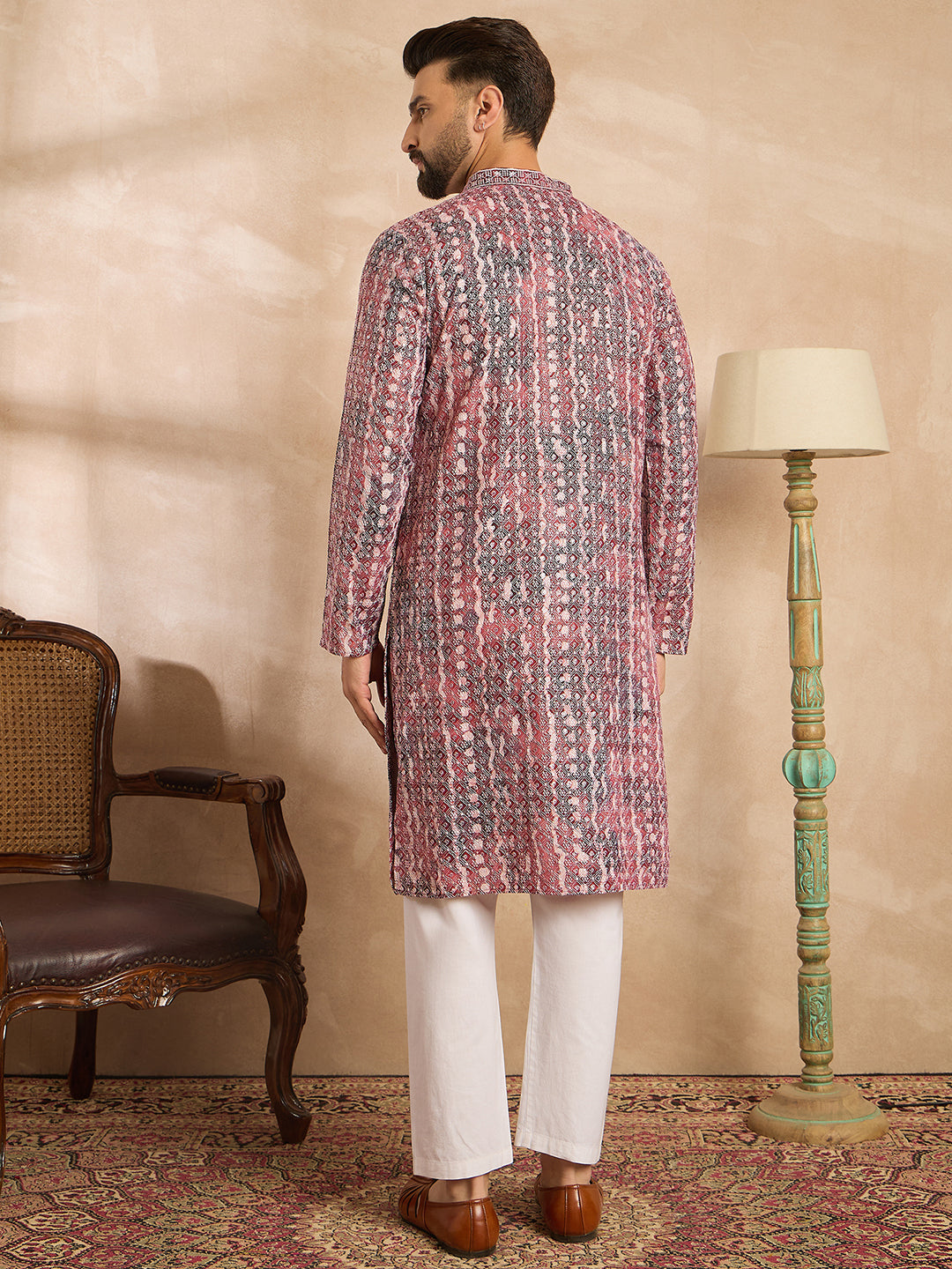 Ethnic Bay Men Brown Viscose Rayon Solid Printed Straight Kurta