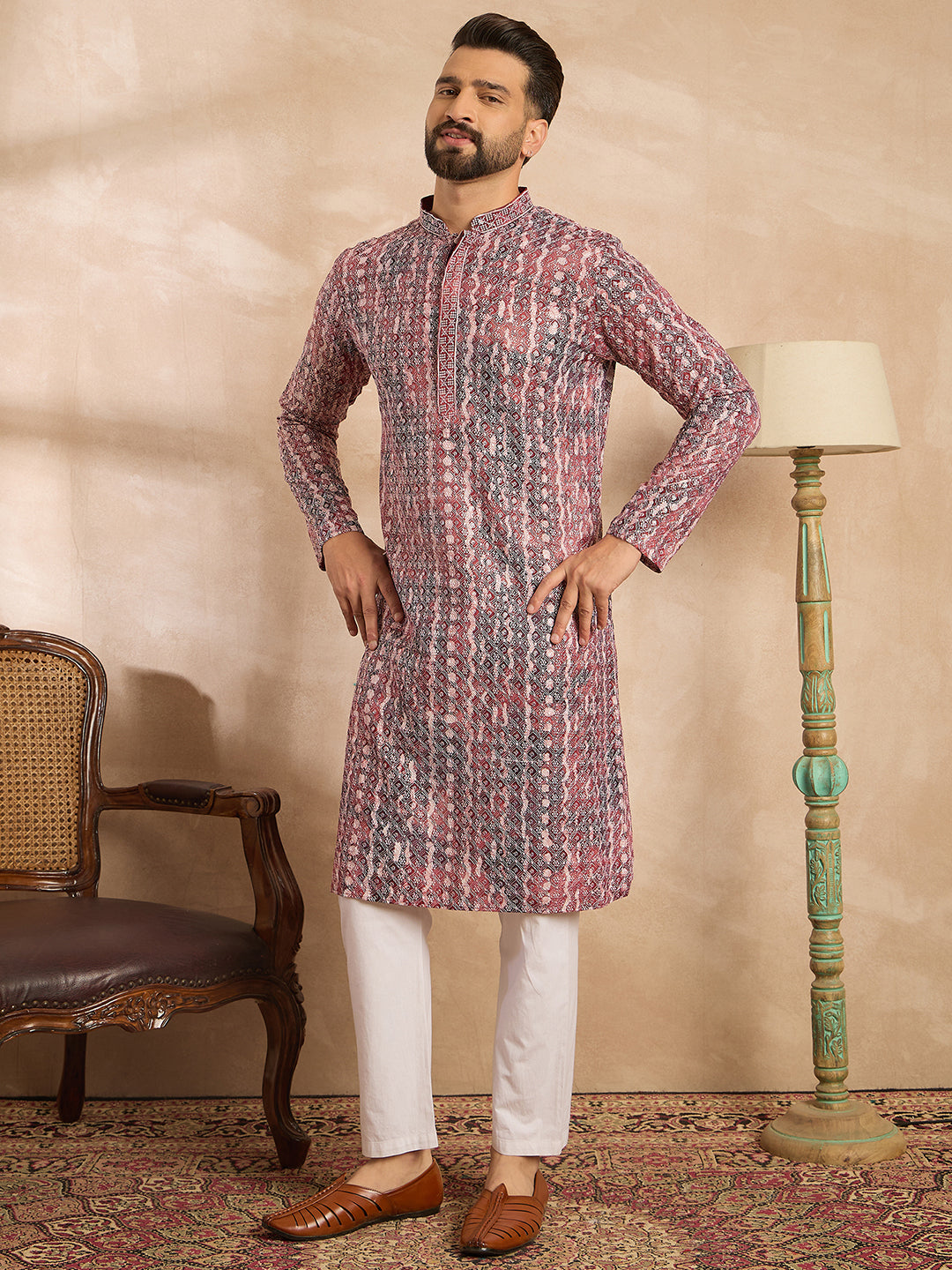 Ethnic Bay Men Brown Viscose Rayon Solid Printed Straight Kurta