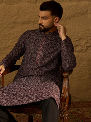 Ethnic Bay Men Black Viscose Rayon Solid Embroidered Straight Kurta-MKU1665