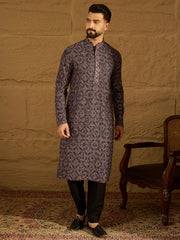 Ethnic Bay Men Black Viscose Rayon Solid Embroidered Straight Kurta-MKU1665