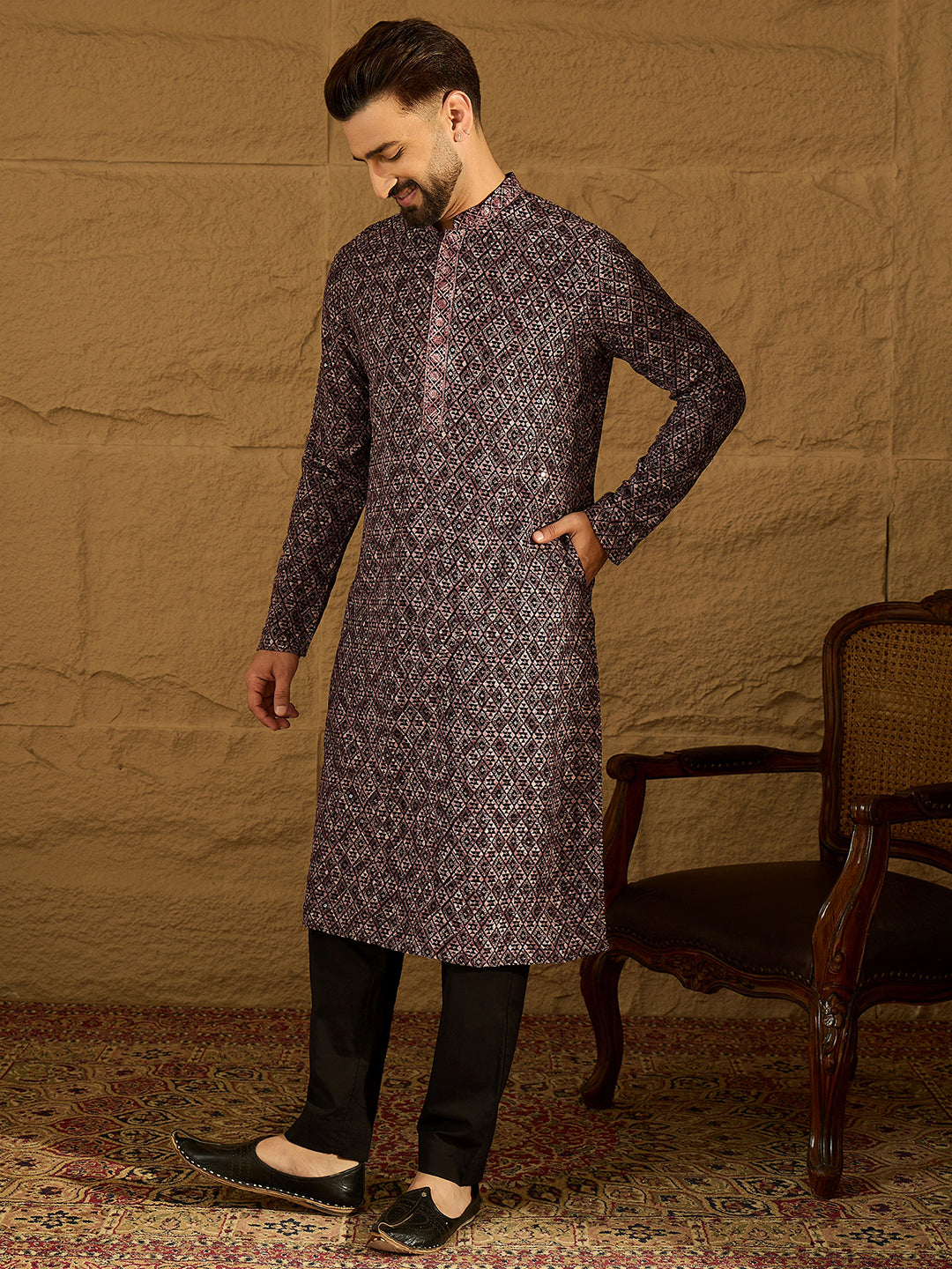 Ethnic Bay Men Black Viscose Rayon Solid Embroidered Straight Kurta-MKU1665