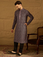 Ethnic Bay Men Black Viscose Rayon Solid Embroidered Straight Kurta-MKU1665