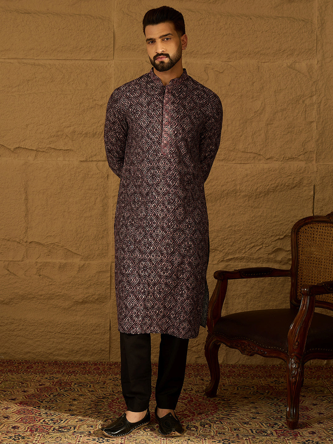 Ethnic Bay Men Black Viscose Rayon Solid Embroidered Straight Kurta-MKU1665