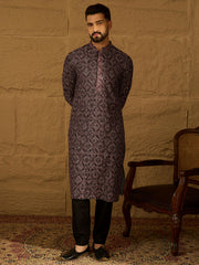 Ethnic Bay Men Black Viscose Rayon Solid Embroidered Straight Kurta-MKU1665