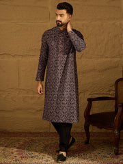 Ethnic Bay Men Black Viscose Rayon Solid Embroidered Straight Kurta-MKU1665