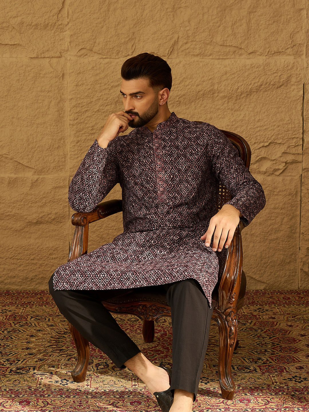 Ethnic Bay Men Black Viscose Rayon Solid Embroidered Straight Kurta-MKU1665