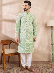 Ethnic Bay Men Green Viscose Rayon Ethnic Motifs Embroidered Straight Kurta-MKU1672