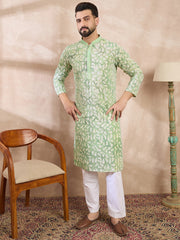 Ethnic Bay Men Green Viscose Rayon Ethnic Motifs Embroidered Straight Kurta-MKU1672