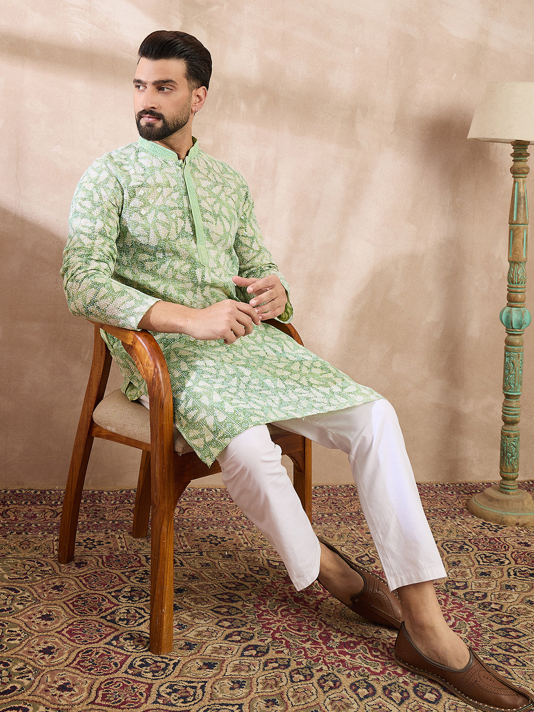 Ethnic Bay Men Green Viscose Rayon Ethnic Motifs Embroidered Straight Kurta